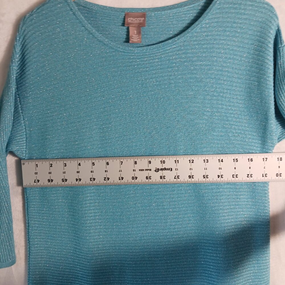 Chico's, Turquoise Blue, Sparkle, Ribbed Knit Top with 3/4 Sleeves, Size Small - Picture 8 of 12